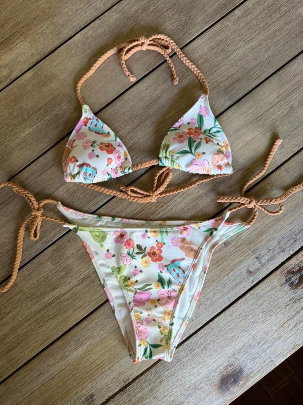Floral/Western themed Triangle Bikini Set in Cream and Peach
